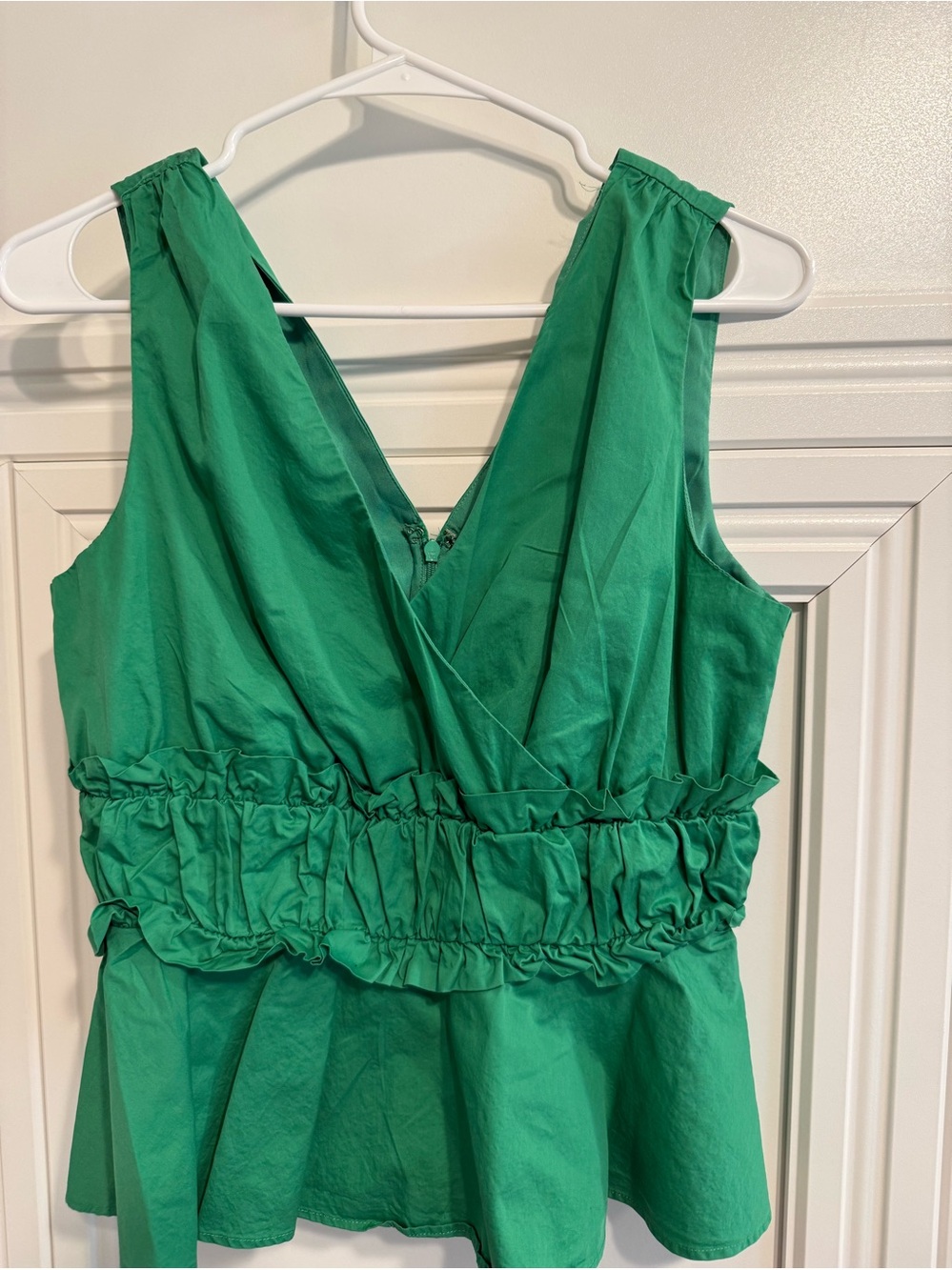 Express Green Sleeveless Ruffled Waist V-Neck Top